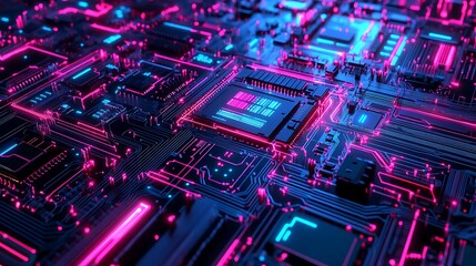 Obraz premium Futuristic circuit board with glowing pink and blue digital pathways technology electronic photo