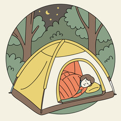 Child Sleeping in Yellow Tent at Night in Forest