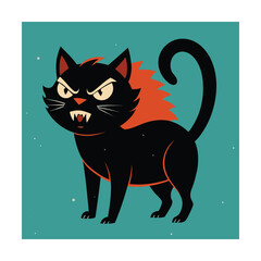 Angry Black Cat With Spiky Orange Mane And Teal Background Keywords: cat, black cat, angry