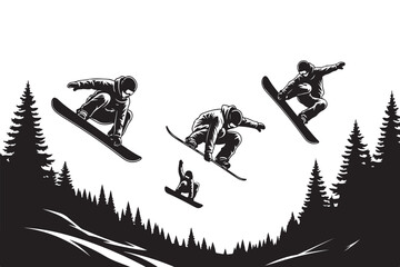 Dynamic snowboarders in midair isolated on white background, performing tricks against a backdrop of silhouetted trees and snowy mountain landscape