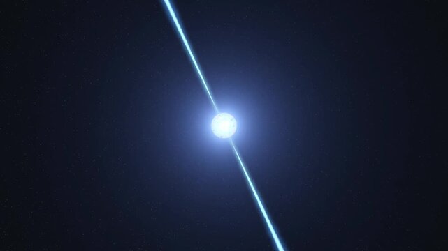 A Pulsar, neutron star, emitting intense blue light beams across deep space. 4K.