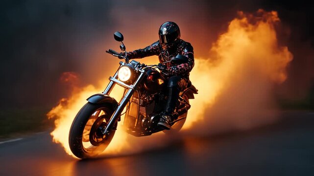 Action shot with man riding away from explosion on bike. Dynamic scene with fire in action movie blockbuster style