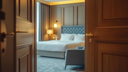 Interior of a hotel bedroom, door open. 3d rendering.
