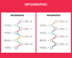 A minimalist infographic template with a winding zigzag timeline. The design features multiple icons and text fields, ideal for illustrating a multi-step process, workflow, or chronological sequence.