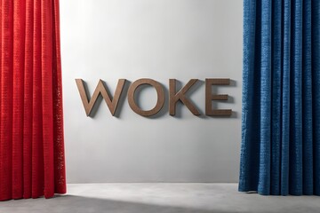 The word woke displayed prominently between red and blue curtains
