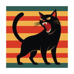 Black Cat Hissing Against Striped Background animal