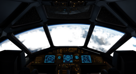 A breathtaking view of Earth from a spaceship cockpit a hopeful journey to the stars with advanced digital displays and