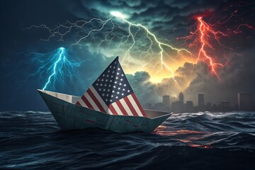 American flag paper boat navigates stormy seas under lightning strikes