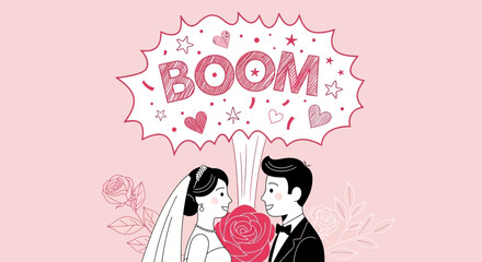 Elegant wedding illustration featuring bride groom and boom bubble expression of joy and happiness