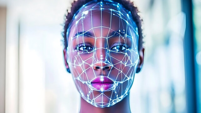 Facial Recognition Technology Displayed on a Person's Face - Powered by Adobe