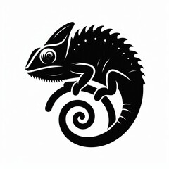 Fototapeta premium Stylized black silhouette of a chameleon with a coiled tail on a white backdrop