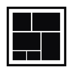 Black and white photo collage frame grid template icon. Minimal square layout for photo arrangement, gallery design, wall art, scrapbook, social media posts, and creative templates.