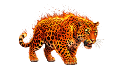 A fiercely burning jaguar emerges from the darkness radiating power and intensity with vibrant fiery tones against a