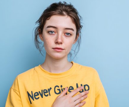 A young woman with a determined expression, wearing a vibrant yellow shirt with the words "Never Give Up," poses against a serene light-blue backdrop. - Powered by Adobe