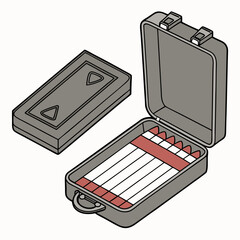 Isometric Illustration of a Grey Case with Red and White Crayons