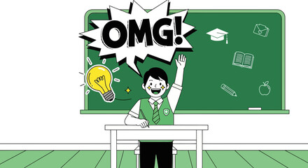 Naklejka premium Excited student raising hand in classroom showcasing bright idea and academic enthusiasm