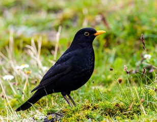 Black bird in grassy field