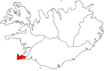 A detailed vector map of Iceland highlighting the Suðurnes (Southern Peninsula) region. Ideal for tourism, demographic, and geological studies and reports.

