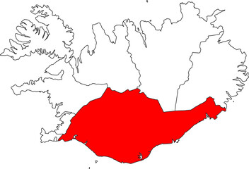 A detailed vector map of Iceland highlighting the Suðurland (Southern Region). Ideal for tourism, agriculture, and geological reports and presentations.

