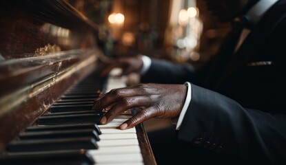 Elegant Man Playing Piano in Warm Dimly Lit Room