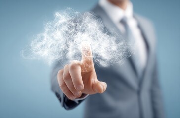 A person in a suit touches a cloud made of digital connections, symbolizing technology integration, set against a soft blue background