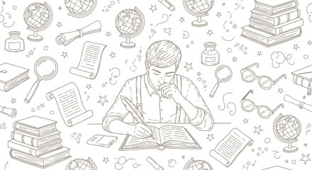Hand-drawn illustration featuring a man writing with a quill surrounded by educational elements