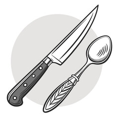 Line Art Illustration of a Knife and Spoon