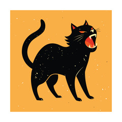 Black Cat Silhouette with Open Mouth and Red Interior on Textured Orange Background Keywords