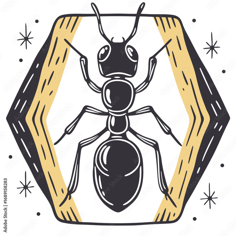 Poster ant illustration in minimalist style with hexagonal frame design