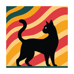 Black cat standing against a colorful retro wavy background