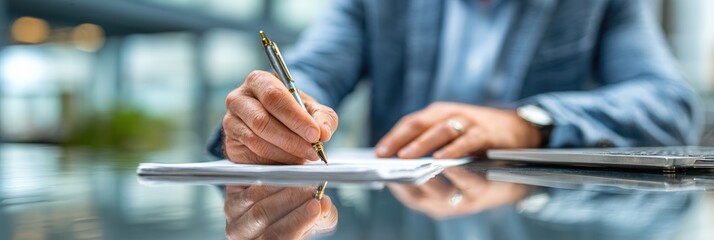 Close-up of hands writing on a clipboard at a desk