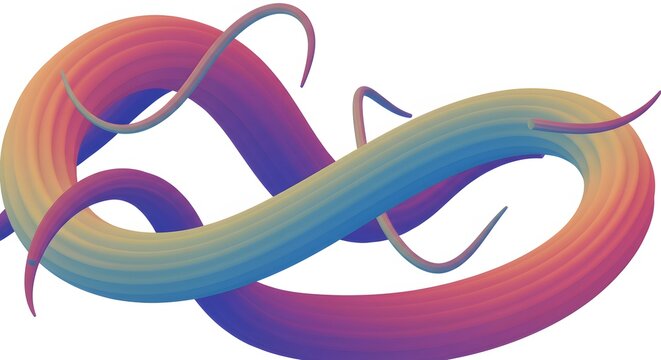 An abstract, rainbow-colored, ribbed tube twisted into an infinity symbol with tendrils on a white background.