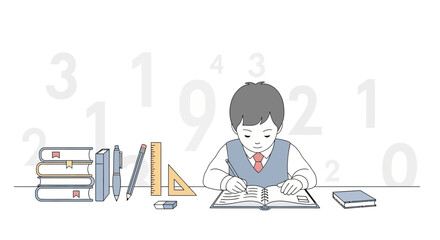 Illustration of a focused student studying mathematics with books and stationery near mathematics