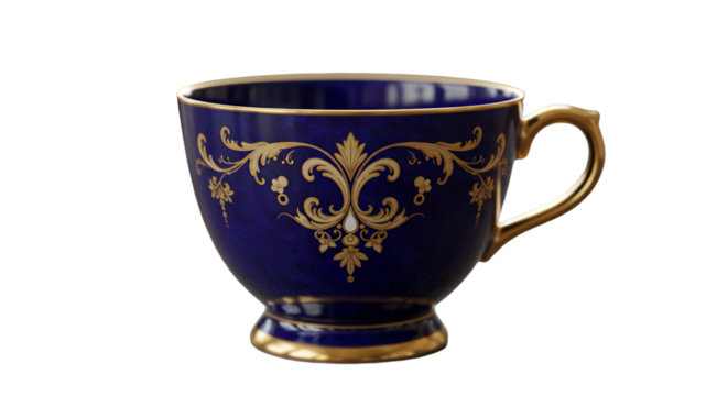 A regal blue teacup a whispered story of afternoon tea and gilded elegance adorned with golden baroque scrolls isolated