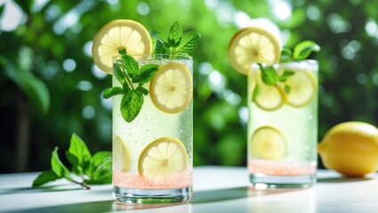 Fototapeta premium Two glasses of lemon-mint infused water with slices of lemon and fresh mint leaves, placed on a white surface outdoors with green foliage in the background.