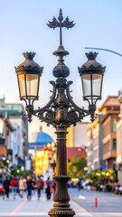 Ornate black lamppost with three glass lanterns on a city street metal three lanterns