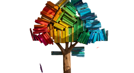 A whimsical tree of knowledge blossoming with rainbow hued books symbolizing wisdom and growth captured against a stark