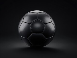 A perfectly spherical, matte-black soccer ball rests on a dark surface, subtly illuminated from below, against a pure black background.  Its textured panels are clearly defined