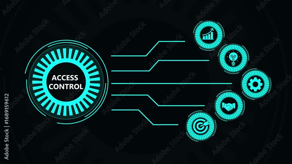 Poster futuristic access control interface with glowing graphical elements and dark background