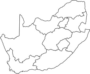 A clean, minimalist, and blank outline map of South Africa, with all provincial borders clearly marked. Ideal for infographics, presentations, or as a simple yet informative graphic element.

