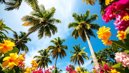 Low-angle view of tropical paradise; vibrant flowers and palm trees against a sunny sky