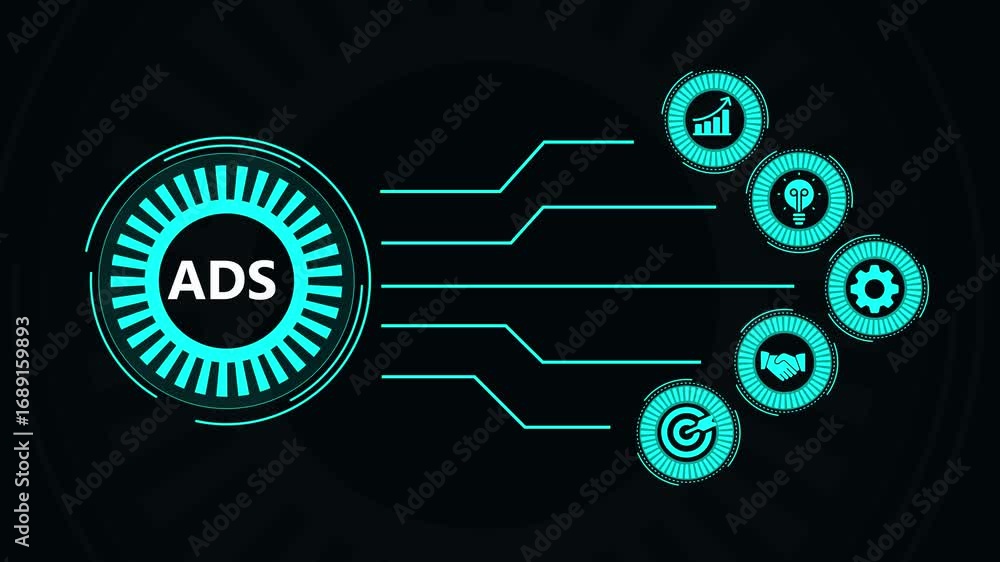 Poster Abstract digital interface with ads word in glowing futuristic design
