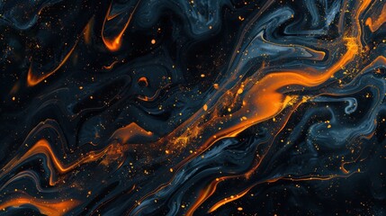 Obraz premium Swirling dark fluid mixing with glowing amber forms abstract waves and patterns