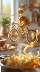 Una figura hecha completamente de fideos, montando una bicicleta hecha también de fideos, suspendida sobre una olla llena de fideos.