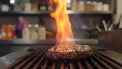 Flaming burger patty on a grill