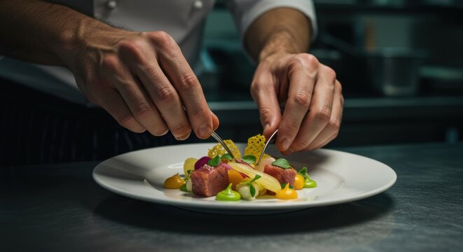 A chef delicately plates a dish with vibrant ingredients including colorful sauces and decorative accents using tweezers for precision