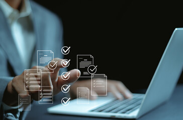 Business performance checklist, businessman doing online checklist survey, filling out digital form...