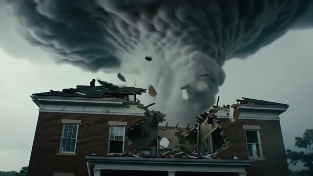 Dramatic tornado footage showing building destruction, showcasing the raw power of nature and its devastating impact, illustrating the effects of