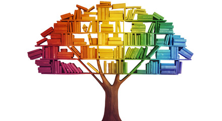 A vibrant rainbow bookshelf shaped like a tree a symbol of knowledge and growth radiating creativity and imagination