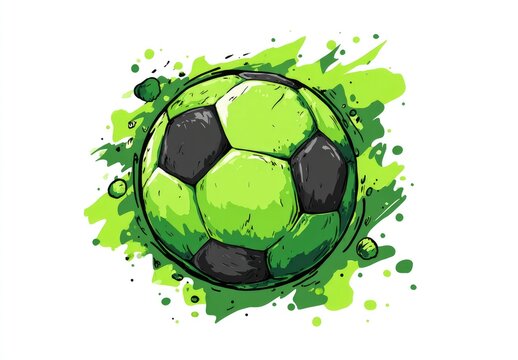 A hand-drawn green and black soccer ball, set against a vibrant green paint splatter backdrop